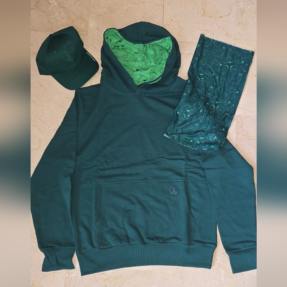 Green Sweatshirt with Neon Hood Accent